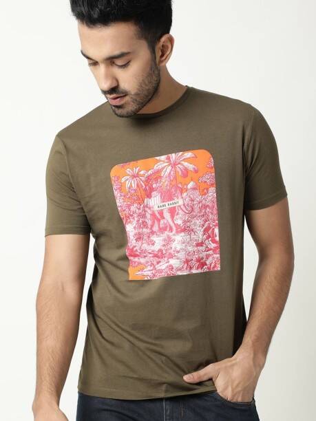 Men Printed Round Neck Pure Cotton Green T-Shirt