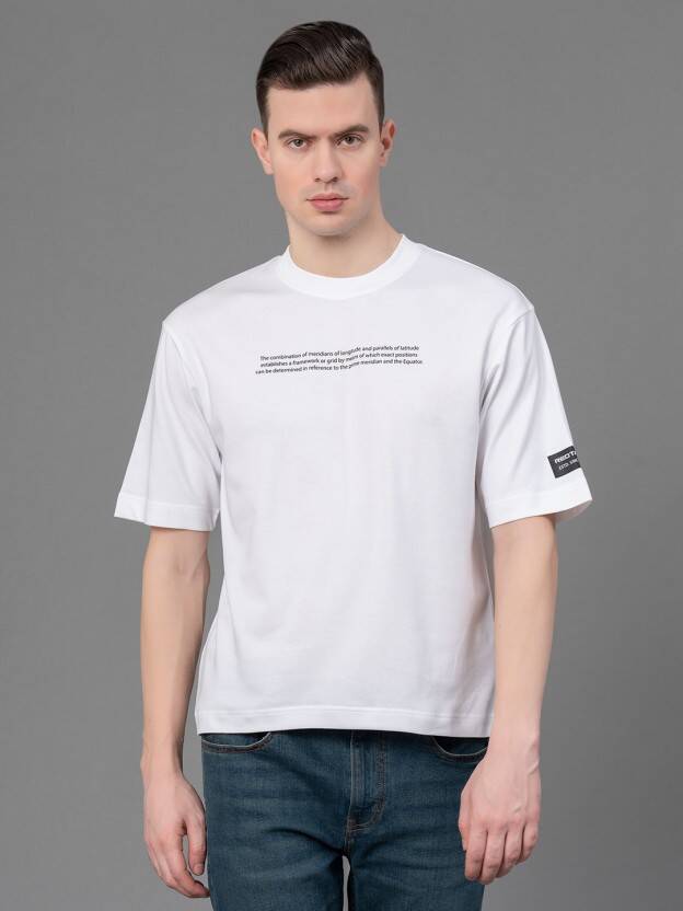 Men Printed, Typography Round Neck Poly Cotton White T-Shirt