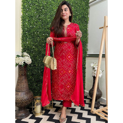 GoSriKi Bandhani Printed Round Neck Straight Kurta With Trousers & Dup