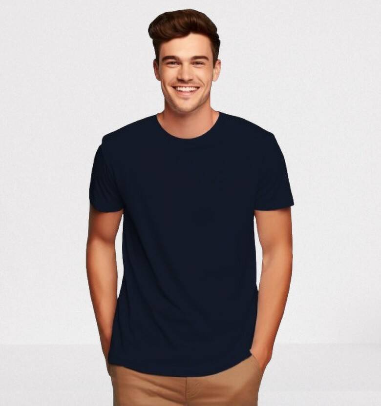 MEN SOLID ROUND NECK COTTON BLEND NAVY BLUE T-SHIRT