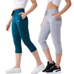MODEVE WOMEN SOLID TEAL AND LIGHT GREY COTTON BLEND PACK OF 2 CAPRI (