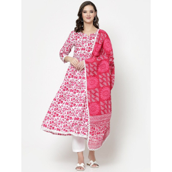Women Pink Floral Printed Regular Kurta with Trousers & With Dupatta