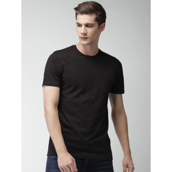MEN BLACK SLIM FIT SOLID ROUND NECK PURE COTTON T-SHIRT WITH CHEST POC