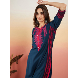 Navy Blue Ethnic Motifs Embroidered Thread Work Straight Kurta