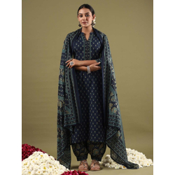 Ethnic Printed Mandarin Collar Pure Cotton Straight Kurta with Salwar