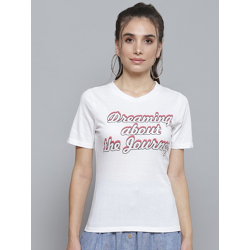 Women White Typography Printed V-Neck Pure Cotton T-shirt