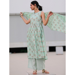 ROUND NECK SLEEVELESS FLORAL PRINTED PLEATED KURTA WITH PALAZZO & DUPA