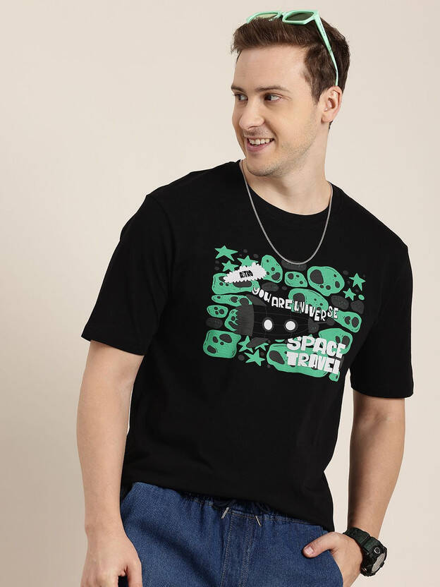 Men Printed Round Neck Pure Cotton Black T-Shirt