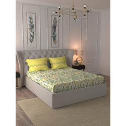 Beige White Floral Pure Cotton 144 TC Queen Bedsheet With 2 Pillow Cov
