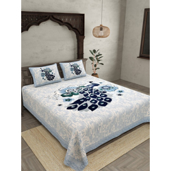 WHITE & BLUE PRINTED COTTON 250 TC QUEEN BEDSHEET WITH 2 PILLOW COVERS