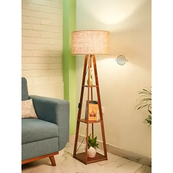Crosscut Furniture Wooden Floor Lamp with Shelf (Natural Jute). LED Bu