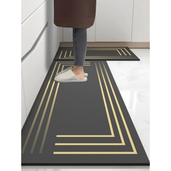 Black 2 Pieces Striped Printed Rectangular Non Slip Waterproof Kitchen