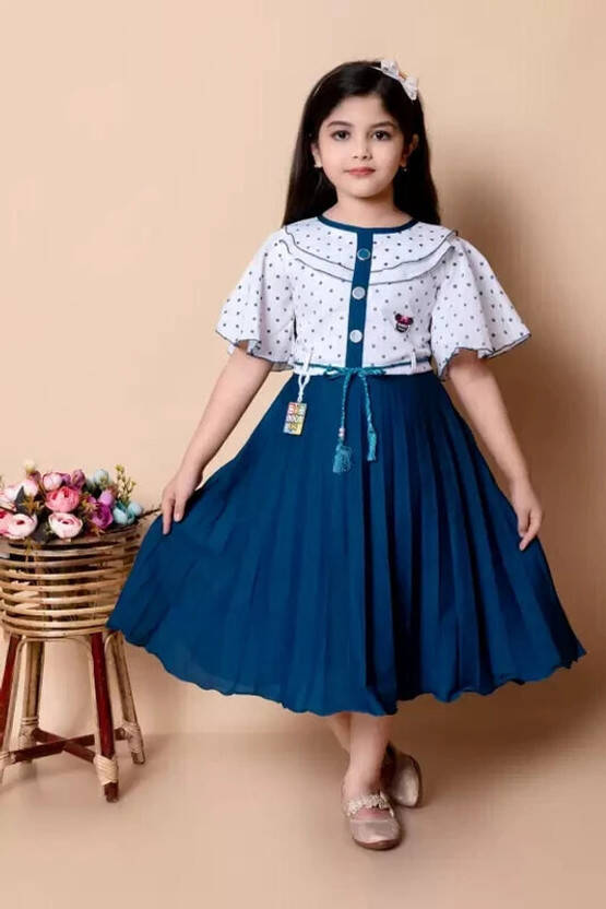Girls Below Knee Festive/Wedding Dress(Blue, Half Sleeve)