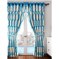 Cortina Set of 2 Off-White & Blue Printed Long Door Curtains