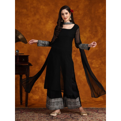 Embroidery Georgette Kurta Palazzo With Dupatta Set