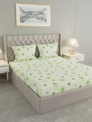 Raymond Home 104 TC Cotton Double Floral Flat Bedsheet(Pack of 1, Gree