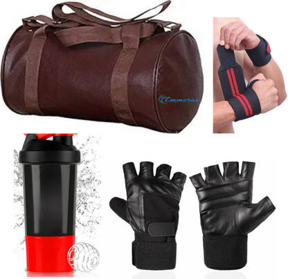 EMMKITZ brown gym bag with spider bottle with wrist support & gym glov