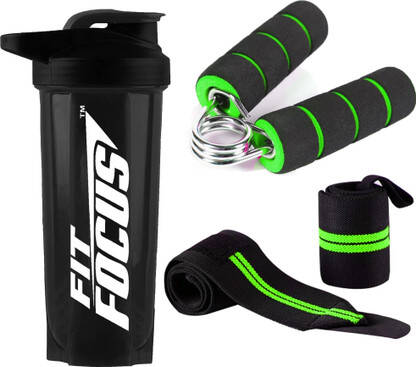 FIT FOCUS Gym Protein Shaker, Wrist Support Band & Premium Mini Grippe