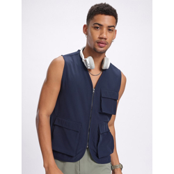 UTILITY POCKETS COLLARLESS FITTED GILET JACKET