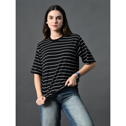 Women Bio Finish Striped Round Neck Cotton Relaxed Fit T-shirt