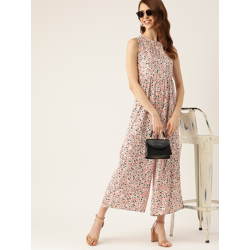 WOMEN PINK & WHITE FLORAL PRINT CUT-OUT DETAIL BASIC JUMPSUIT