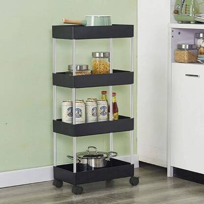 Pinkwhale 4 Compartments Plastic, Stainless Steel Storage Trolly(Black