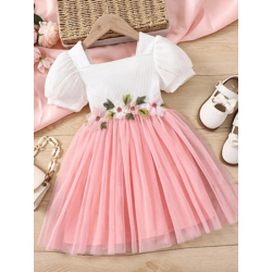 Flutter Sleeve Net Puff Sleeves Fit & Flare Dress