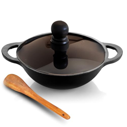 Lifelong Cast Iron Kadhai 24cm with Glass Lid & Wooden Spatula | 3.3L,