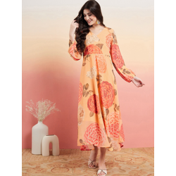 Sangria Floral Printed V-Neck Puff Sleeves Fit & Flared Ethnic Dresses