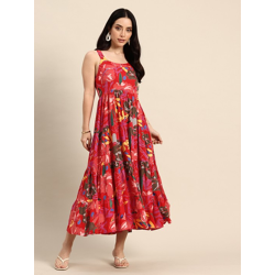Floral Printed Round Neck Tiered Fit & Flare Midi Ethnic Dress