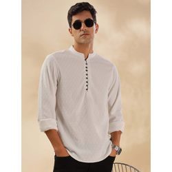 Geometric Woven Design Thread Work Mandarin Collar Straight Short Kurt