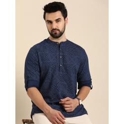 Men Geometric Printed Cotton Indigo Short Kurta