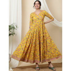 Floral Printed V-Neck Tie-Up Fit and Flare Cotton Ethnic Dress