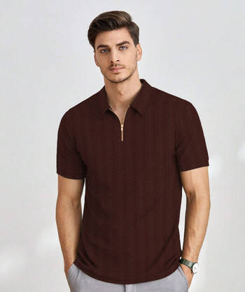 KAJARU Men Self Design Polo Neck Polyester Brown T-Shirt