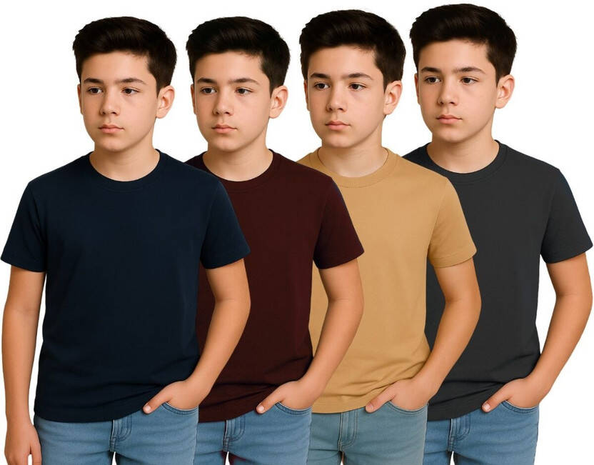 NOW OR NEVER Boys Solid Polyester Regular T Shirt(Multicolor, Pack of