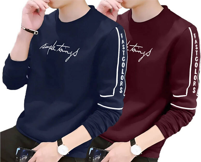FastColors Pack of 2 Men Printed Round Neck Cotton Blend Blue, Maroon