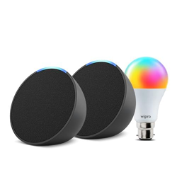 AMAZON ECHO POP (BLACK) GIFT TWIN PACK WITH WIPRO 9W SIMPLE SETUP LED