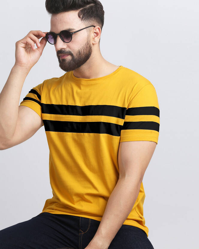 AUSK Men Striped Round Neck Cotton Blend Black, Yellow T-Shirt