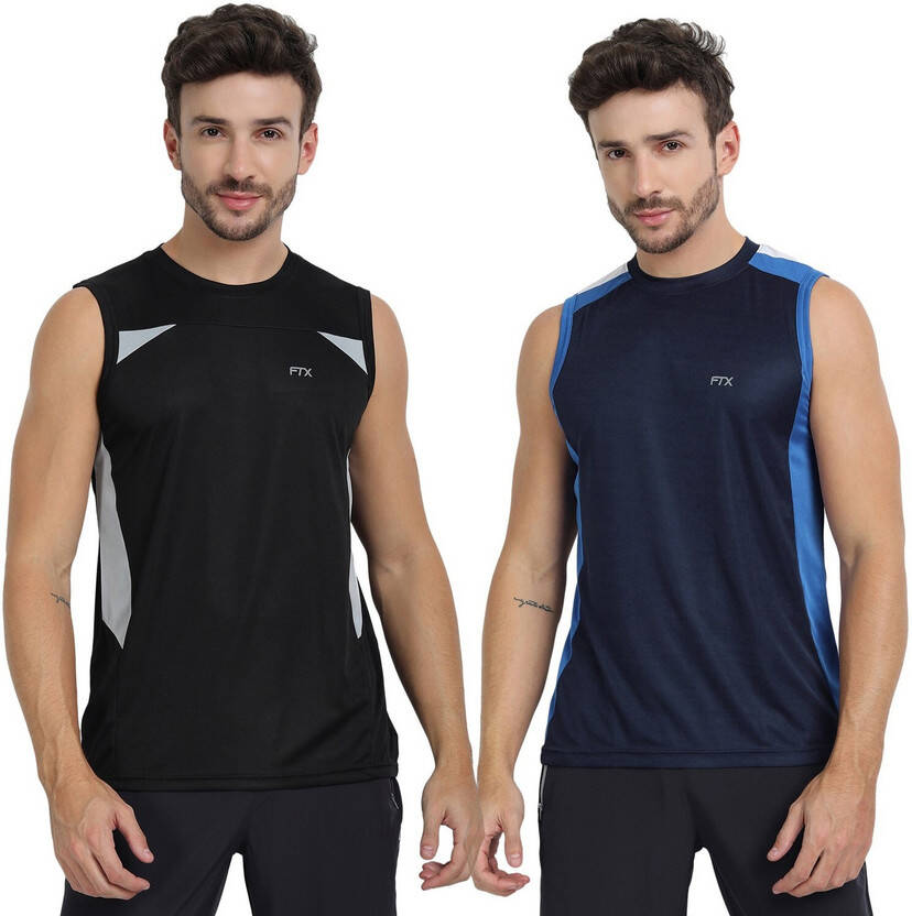 FTX Pack of 2 Men Solid Round Neck Polyester Dark Blue, Black T-Shirt